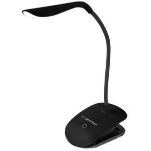 Desk Lamp Esperanza DENEB ELD104K Black, 14 LED’s, Touch switch, 3 levels of brightness, Light color: 5500K, Flexible arm, Retaining clip, Built-in eye protection filter, Power: 3W, The angle of incidence of light: 120%, Power supply: USB 5V/0,5A or 4 AAA