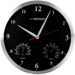 Clock Wall Esperanza WASHINGTON EHC008K Black, 30 cm, Aluminum clock frame and hands, Quiet movement, hook for easy installation, Measurements: temperature and humidity, Power supply: 1 x 1.5V AA battery (not included)